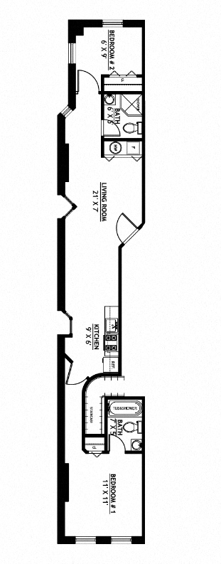 Floor plan for 2 beds, 2 baths, 651 sqft